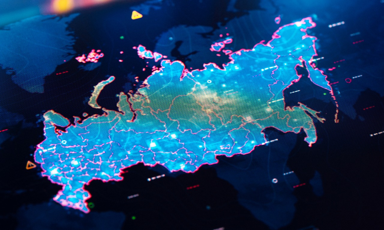Map of Russian Federation on digital pixelated display